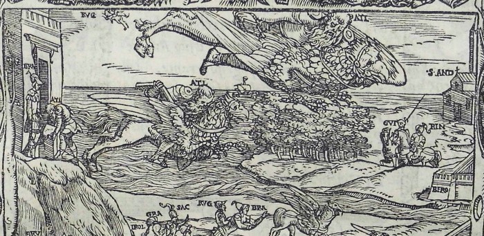 Hippogriffs in flight, with St Andrews, home of the Scottish court and Ginevra beneath. Detail from woodcut for canto 4 (Sp Coll q2)